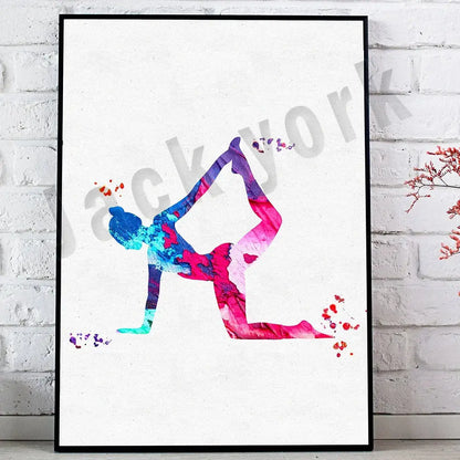 A vibrant dance king yoga print featuring a pink purple and blue watercolor pose in a sleek black frame for decorbites decorbites dance king king yoga print