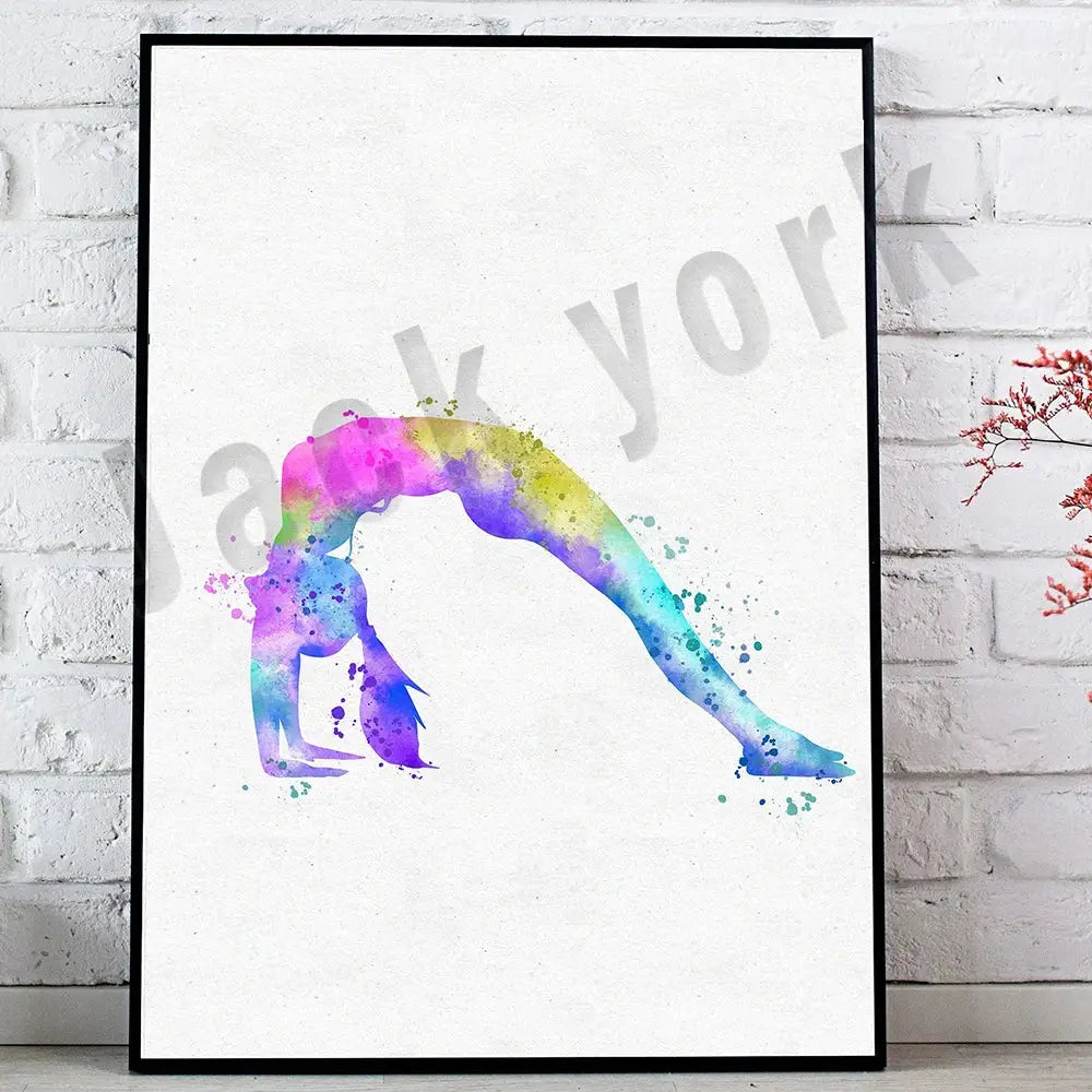 A vibrant dance king yoga print featuring a figure in arching pose with rainbow watercolor hues in a black frame