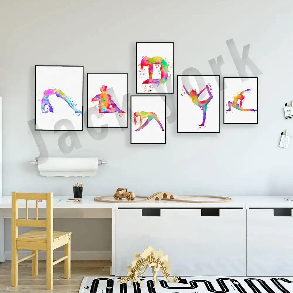 Set of five framed dance king yoga posters with vibrant rainbow watercolor splashes on white backgrounds for decorbites bedroom art