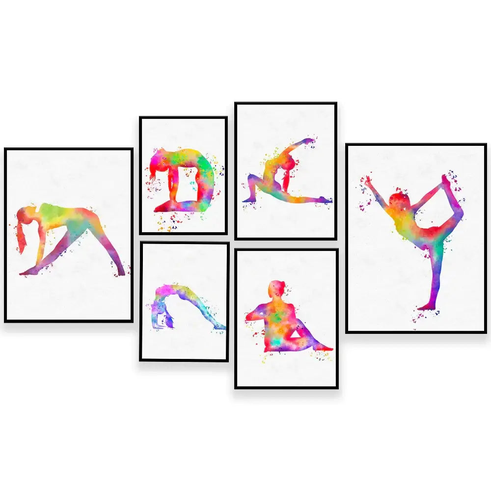 Set of five black framed dance king yoga prints featuring colorful watercolor yoga poses for bedroom decorbites decor