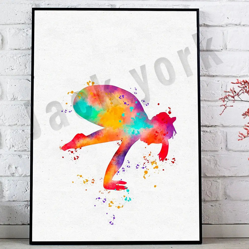 A vibrant rainbow watercolor king yoga print in a black frame from the decorbites dance king poster set for bedroom decor