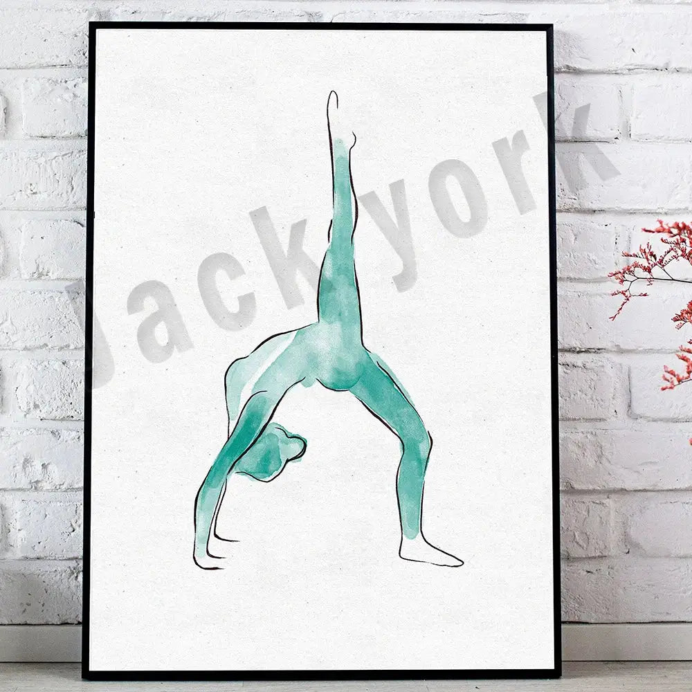 Minimalist watercolor dance king yoga print featuring abstract handstand figure in teal with black frame for bedroom decorbites decor