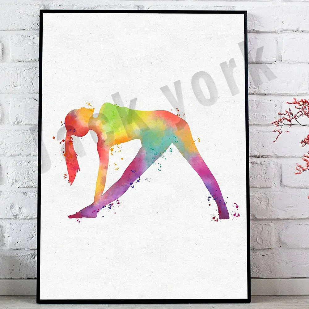 A vibrant dance king yoga print featuring a woman in a yoga pose with bold rainbow decorbites colors