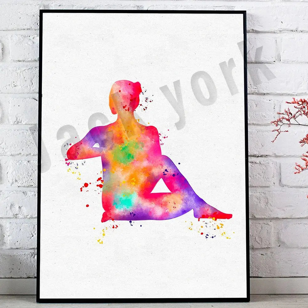 A vibrant rainbow watercolor dance king yoga print featuring a silhouette with colorful paint splatters in a black frame