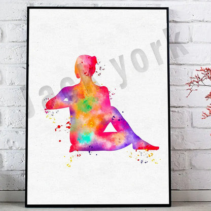 A vibrant rainbow watercolor dance king yoga print featuring a silhouette with colorful paint splatters in a black frame