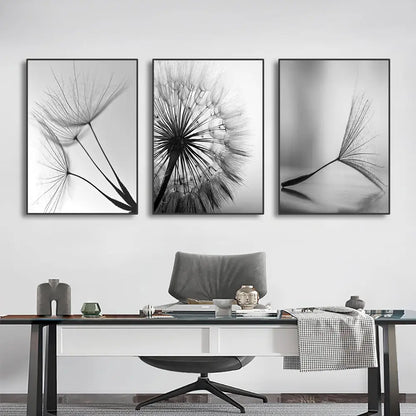 DecorBites™ black and white dandelion canvas wall art featuring three minimalist framed dandelion flower pictures