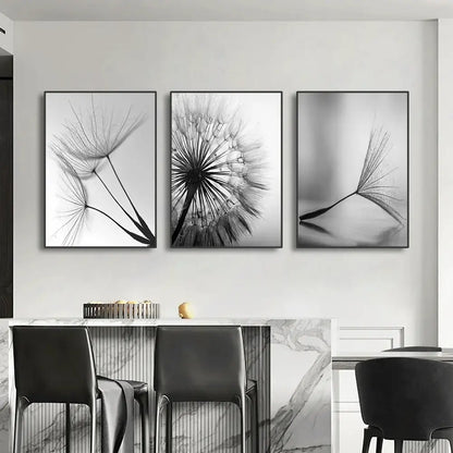 DecorBites black and white dandelion canvas wall art features three monochrome dandelion flower pictures in black frames