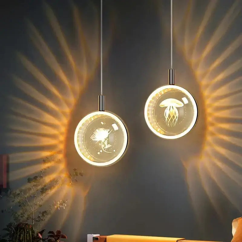 Two circular dandelion crystal ball pendant lights with glowing translucent glass panels featuring jellyfish decorbites design