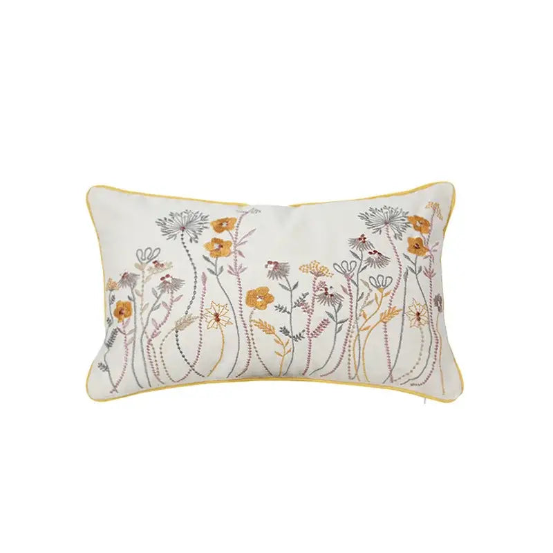 Rectangular pillow cover with dandelion floral embroidery in yellow gray and cream for decorbites dandelion floral decor