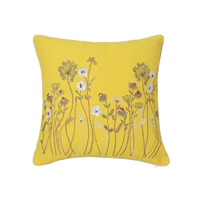 Bright yellow dandelion floral pillow cover with intricate white beige and brown embroidery for living room decorbites decor