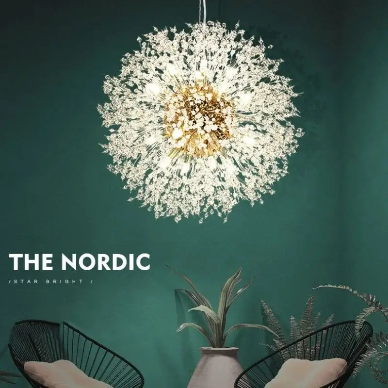 A sparkling decorbites dandelion gold chrome chandelier with a golden center and clear crystal elements for dining room decor