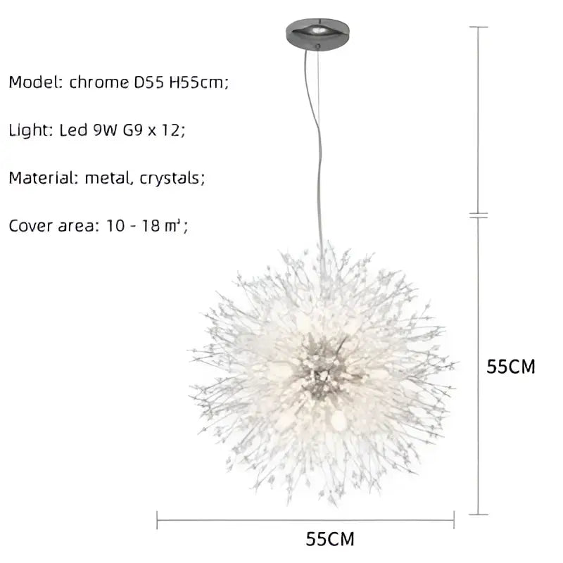 Dandelion gold chrome chandelier with chrome finish and sparkling crystal design featuring 12 led lights for modern elegance