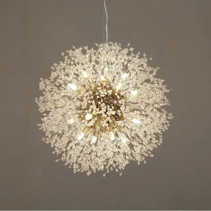 Dandelion gold chrome chandelier dining room crystal pendant light with clear glass pieces and gold chrome accents by decorbites