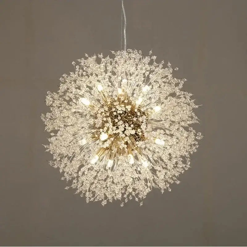 Dandelion gold chrome chandelier dining room crystal pendant light with clear glass pieces and gold chrome accents by decorbites