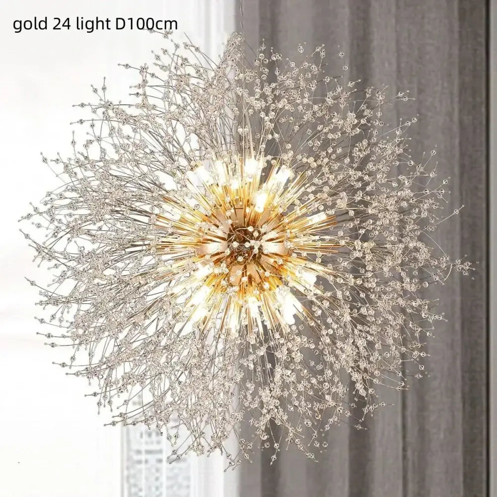 Gold chrome chandelier dandelion gold chrome with 24 lights clear crystal beads and metallic filaments for dining room decorbites