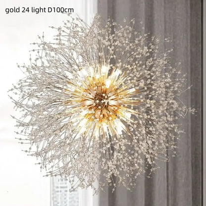 Gold chrome chandelier dandelion gold chrome with 24 lights clear crystal beads and metallic filaments for dining room decorbites