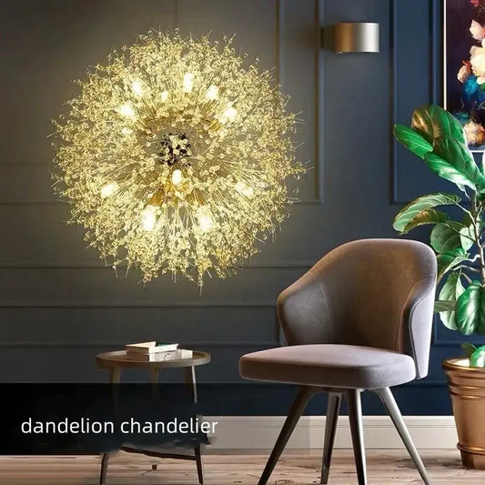 Gold chrome chandelier decorbites dandelion gold with sparkling crystal filaments and warm glowing lights for dining room decor