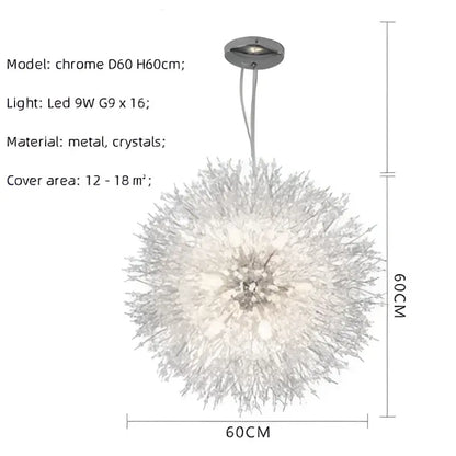 A decorbites dandelion gold chrome chandelier with a sparkling chrome dandelion pendant light and crystal spherical design