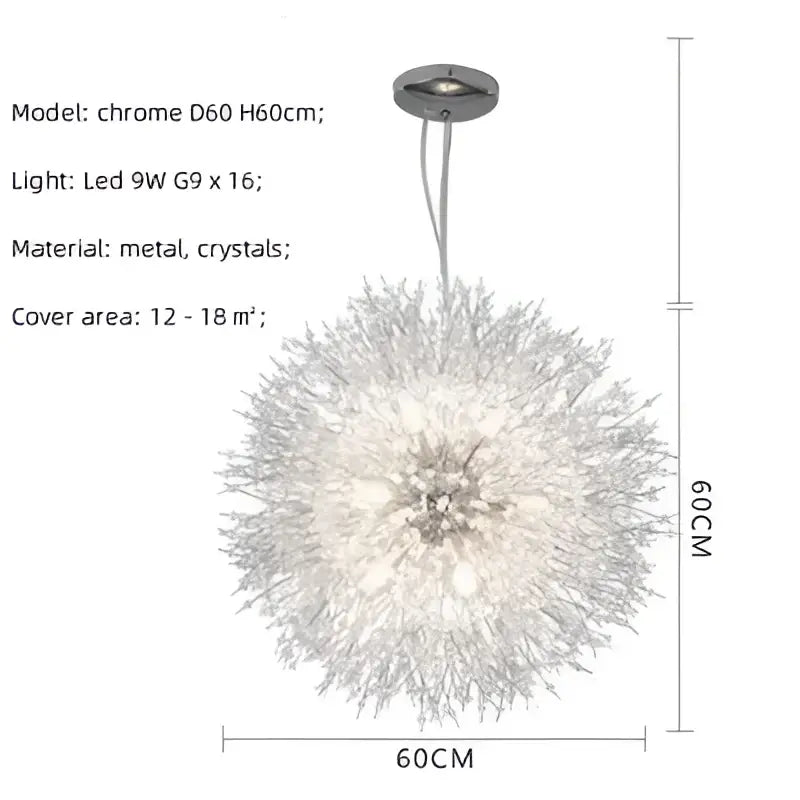 A decorbites dandelion gold chrome chandelier with a sparkling chrome dandelion pendant light and crystal spherical design