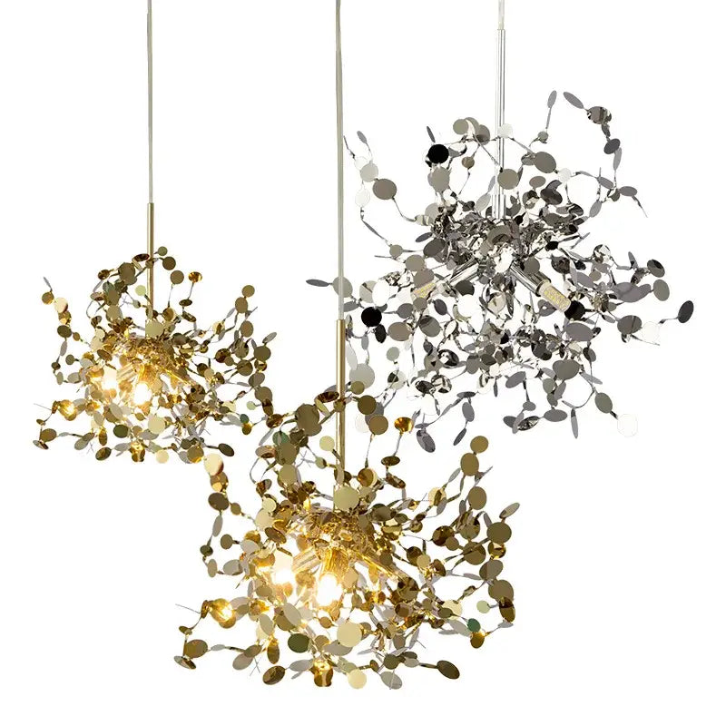 Dandelion gold and silver chrome leaf led chandelier with metallic dandelion design and reflective discs for dining room decorbites chrome leaf