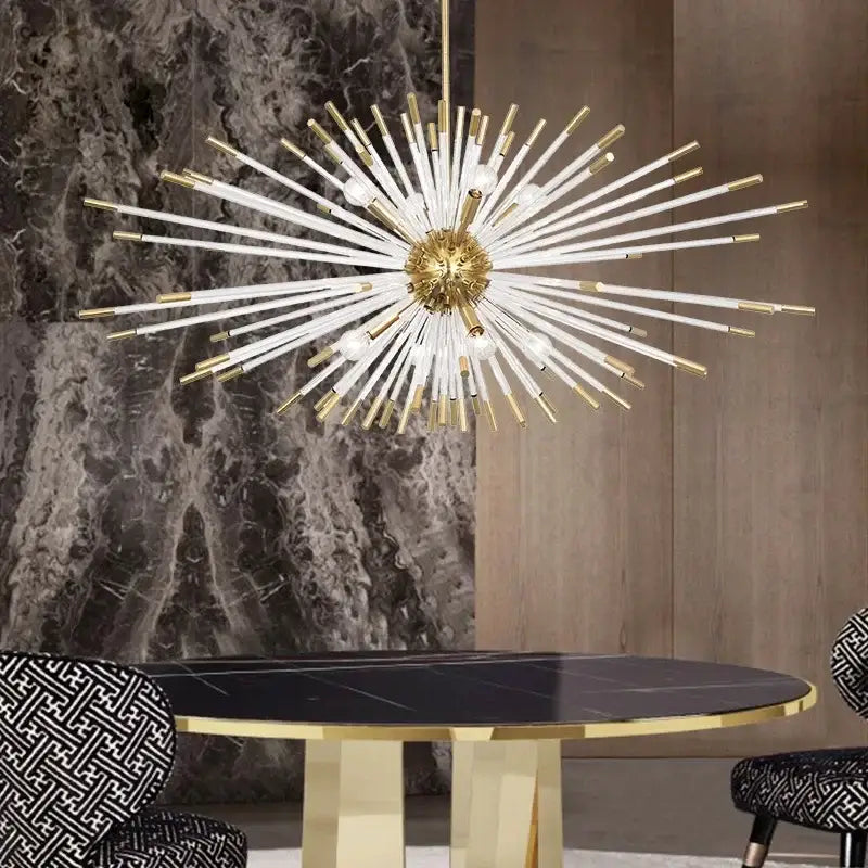 Dandelion golden ball starburst chandelier with gold and white glass rods and metallic accents for dining room decor
