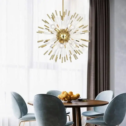 Dandelion golden ball starburst chandelier with gold tone, clear glass rods, and exposed bulbs for dining room decorbites dandelion golden