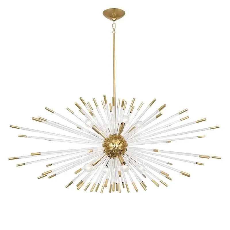 Dandelion golden ball starburst chandelier with gold finish clear glass rods and brass accents for white dining room decor