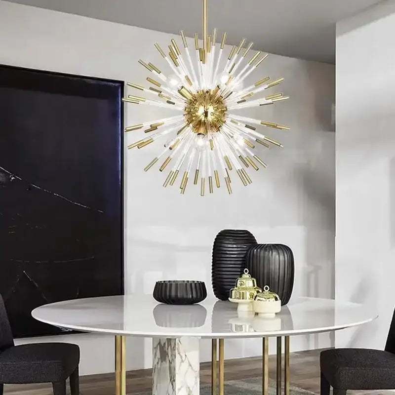 Dandelion golden ball starburst chandelier with gold-toned brass fixture and clear glass rods for dining room decor
