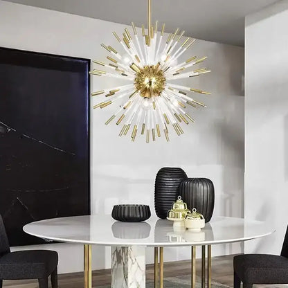 Dandelion golden ball starburst chandelier with gold-toned brass fixture and clear glass rods for dining room decor