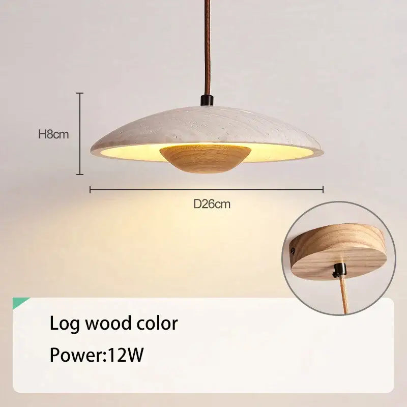 A modern cream stone pendant lamp with textured log wood shade and warm glow for bedroom decorbites cream stone