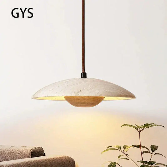 A modern Danish cream stone wood chandelier pendant light with textured off-white concrete shade and warm wood base