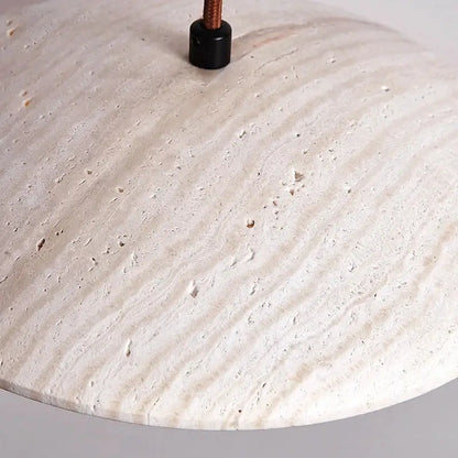 Danish cream stone wood chandelier with round off-white pendant light featuring textured surface and natural veining