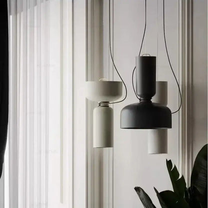 Modern minimalist Danish wrought iron pendant light with matte black and off-white ceramic shades and led bulb