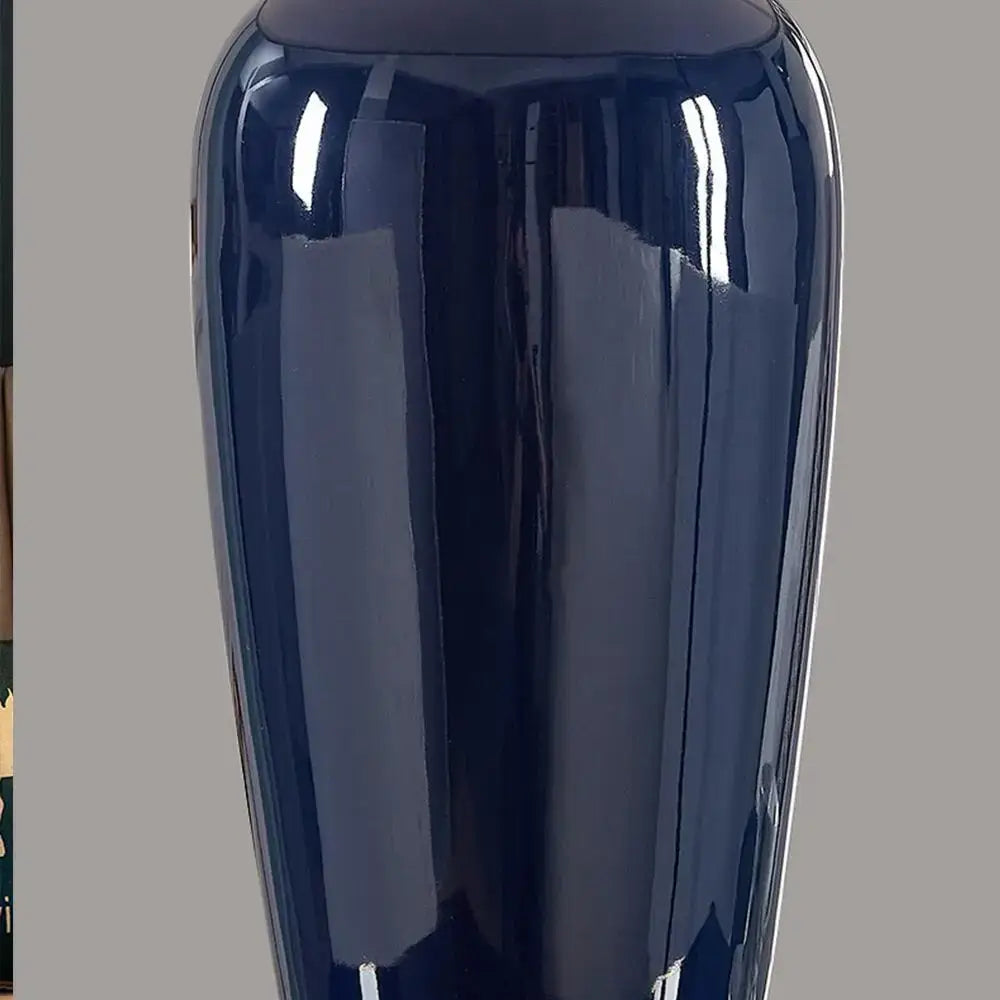 Dark blue ceramic table lamp with remote control featuring a sleek glossy navy blue vase base decorbites dark blue
