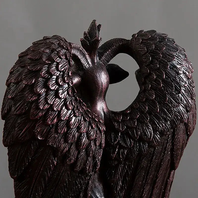 Dark bronze resin horned devil statue featuring two ravens forming a heart shape for office gothic decor