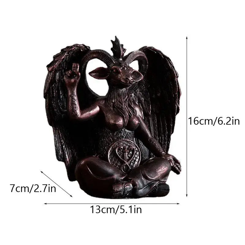 Dark bronze baphomet horned devil statue of winged goat-headed deity with ram horns seated in meditation pose for office decor