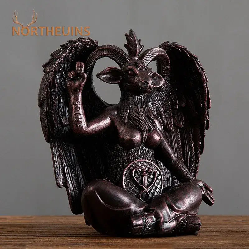 Dark bronze resin horned devil statue featuring a baphomet horned devil with detailed wings and textured fur for office decor