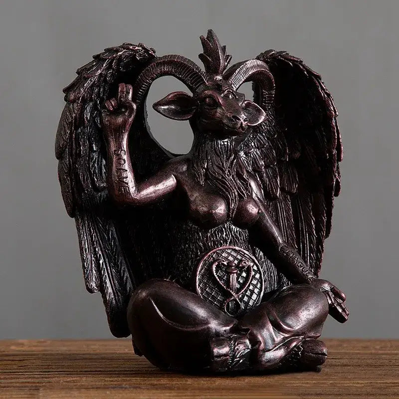 Dark bronze baphomet resin statue featuring a winged goat-headed creature in a meditative pose for gothic decor