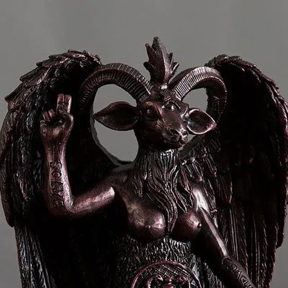 Dark bronze baphomet resin statue featuring a winged goat-headed demon with intricate horns and feathered wings for gothic decor