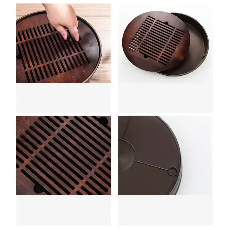 Dark brown bamboo tea tray with slatted grid pattern designed for tea tray drainage in dining room kung fu tea use