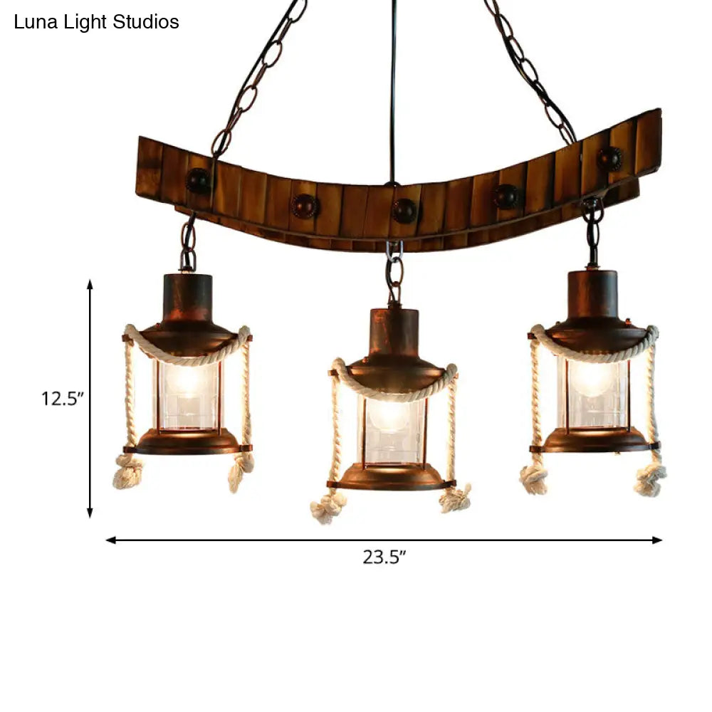 Dark Brown Glass Chandelier Light Lantern - 3 Lights, Warehouse Ceiling Fixture for Kitchen