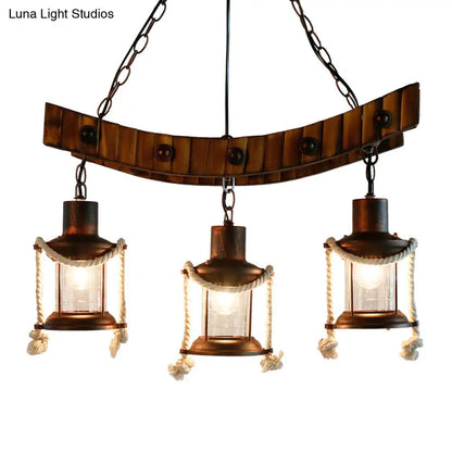 Dark Brown Glass Chandelier Light Lantern - 3 Lights, Warehouse Ceiling Fixture for Kitchen