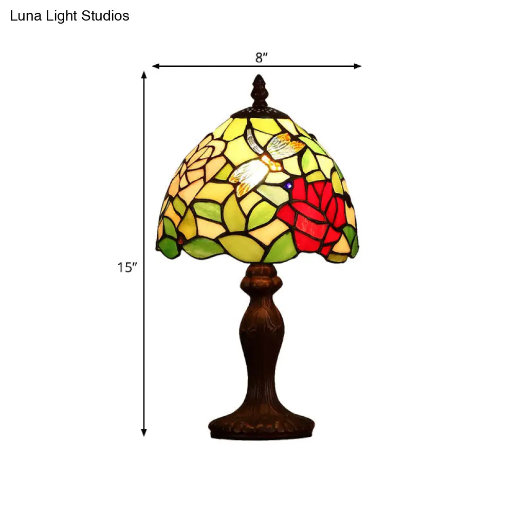 مصباح طاولة ليلي من الزجاج الملون باللون البني الداكن على شكل يعسوب ووردة