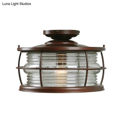DecorBites™ Dark Coffee Caged Metal Semi Mount Ceiling Light for Classic Living Room, 1-Light