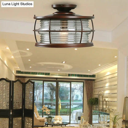 DecorBites™ Dark Coffee Caged Metal Semi Mount Ceiling Light for Classic Living Room, 1-Light