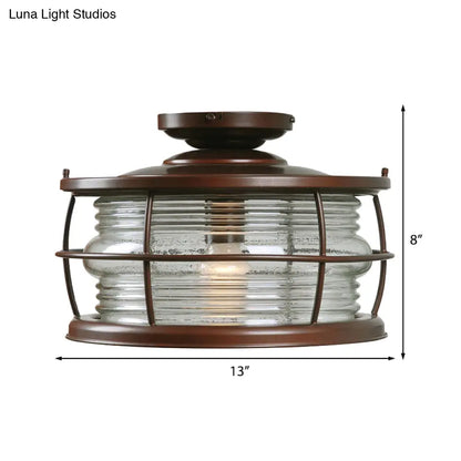 DecorBites™ Dark Coffee Caged Metal Semi Mount Ceiling Light for Classic Living Room, 1-Light