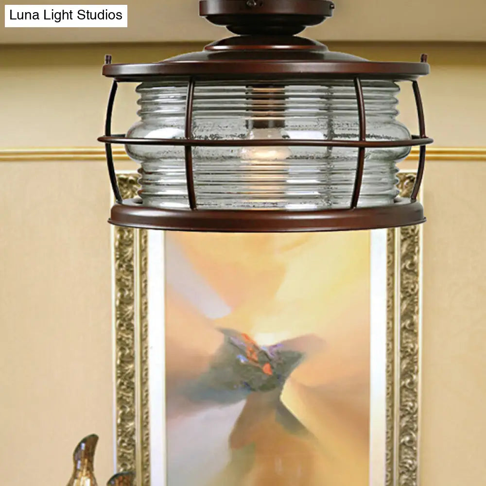 DecorBites™ Dark Coffee Caged Metal Semi Mount Ceiling Light for Classic Living Room, 1-Light