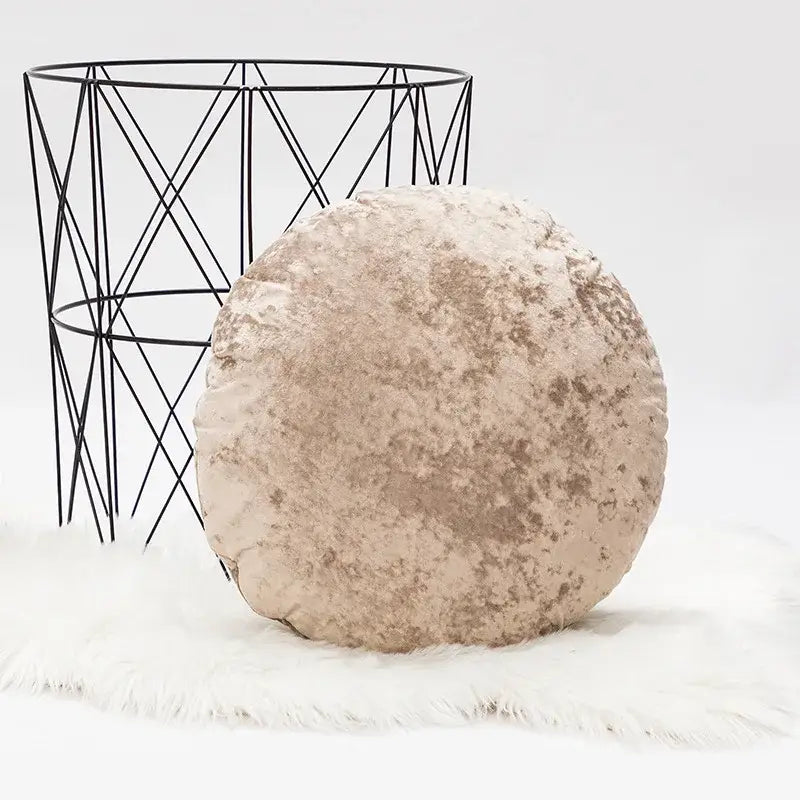 Beige velvet round pillow cover with dark grain textured surface for decorbites dark grain living room decor