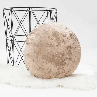 Beige velvet round pillow cover with textured slightly worn surface for dark grain decorbites living room decor