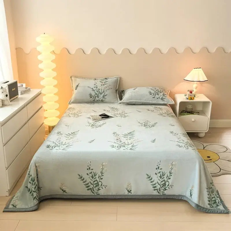 Dark gray cartoon print flannel sofa cover with light blue bedspread and green botanical embroidery for living room decorbites cartoon print